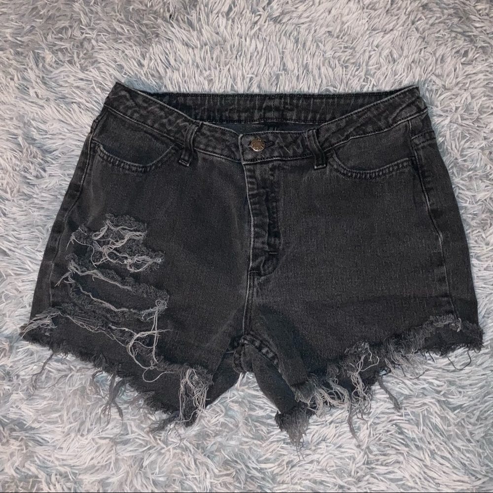 Hi-Rise Low Cut Thrifted Distressed Black Denim Shorts